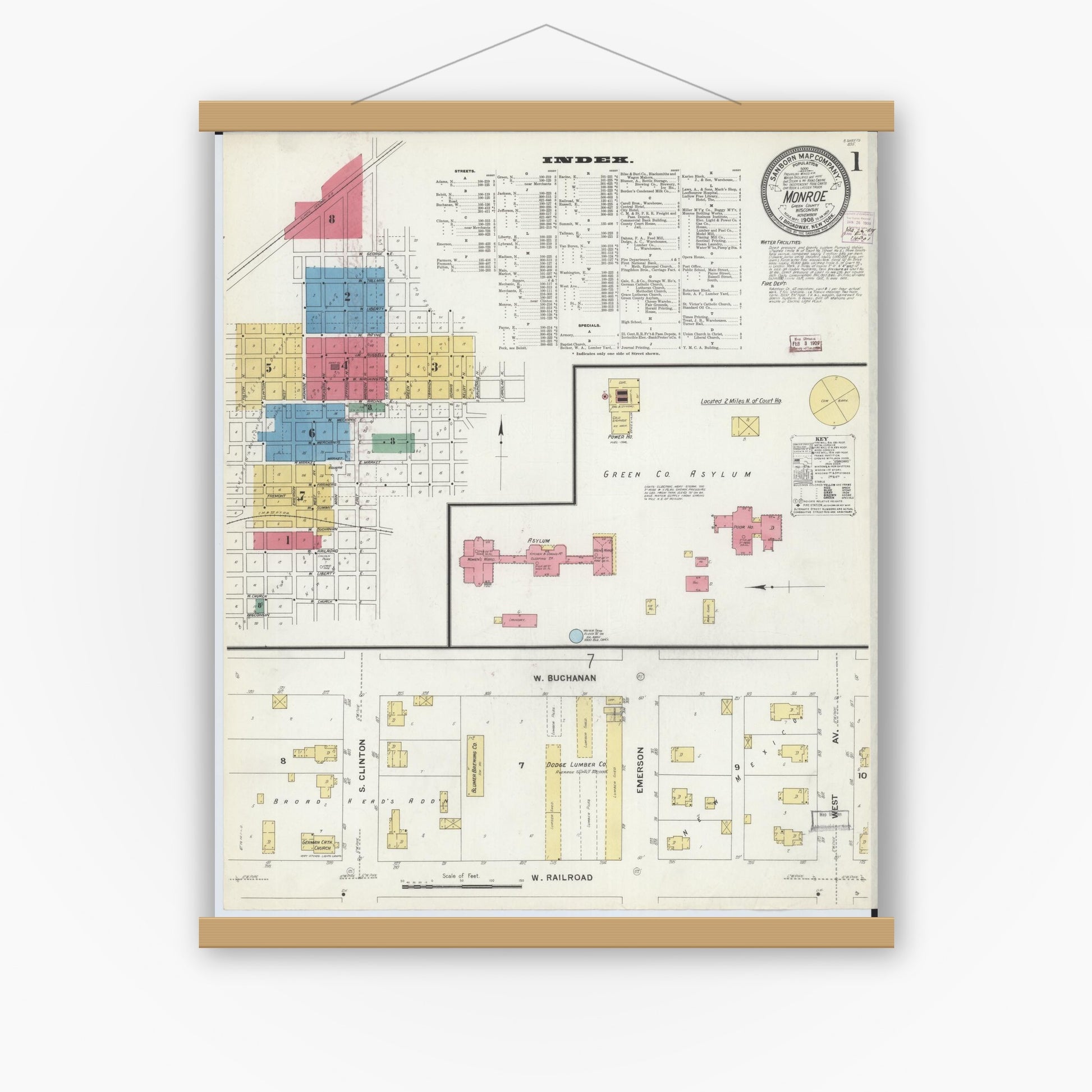 Old map wall art mockup — magnetic wood frame on white wall — Sanborn Fire Insurance Map from Monroe, Green County, Wisconsin (1908), Sheet #0001