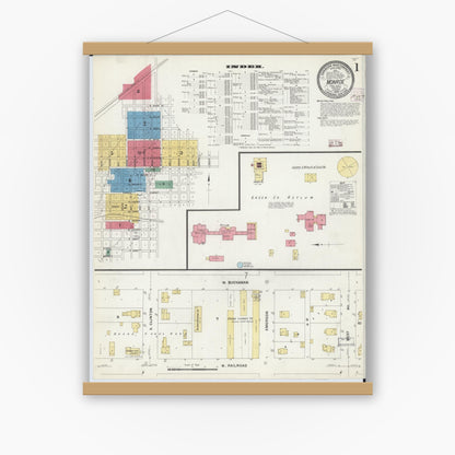 Old map wall art mockup — magnetic wood frame on white wall — Sanborn Fire Insurance Map from Monroe, Green County, Wisconsin (1908), Sheet #0001
