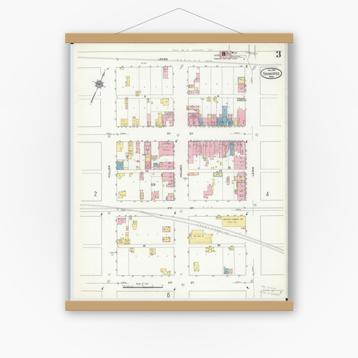 Old map wall art mockup — magnetic wood frame on white wall — Sanborn Fire Insurance Map from Shakopee, Scott County, Minnesota (1910), Sheet #0003