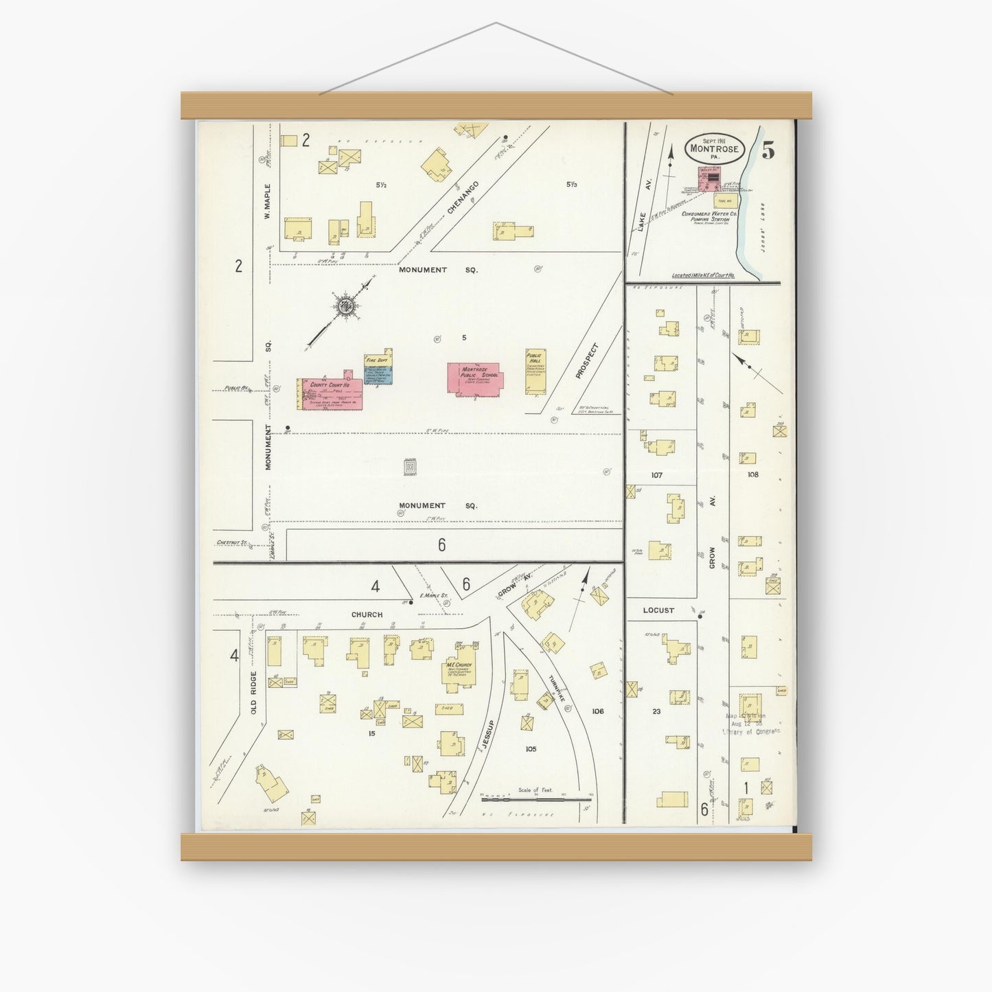 Old map wall art mockup — magnetic wood frame on white wall — Sanborn Fire Insurance Map from Montrose, Susquehanna County, Pennsylvania (1911), Sheet #0005