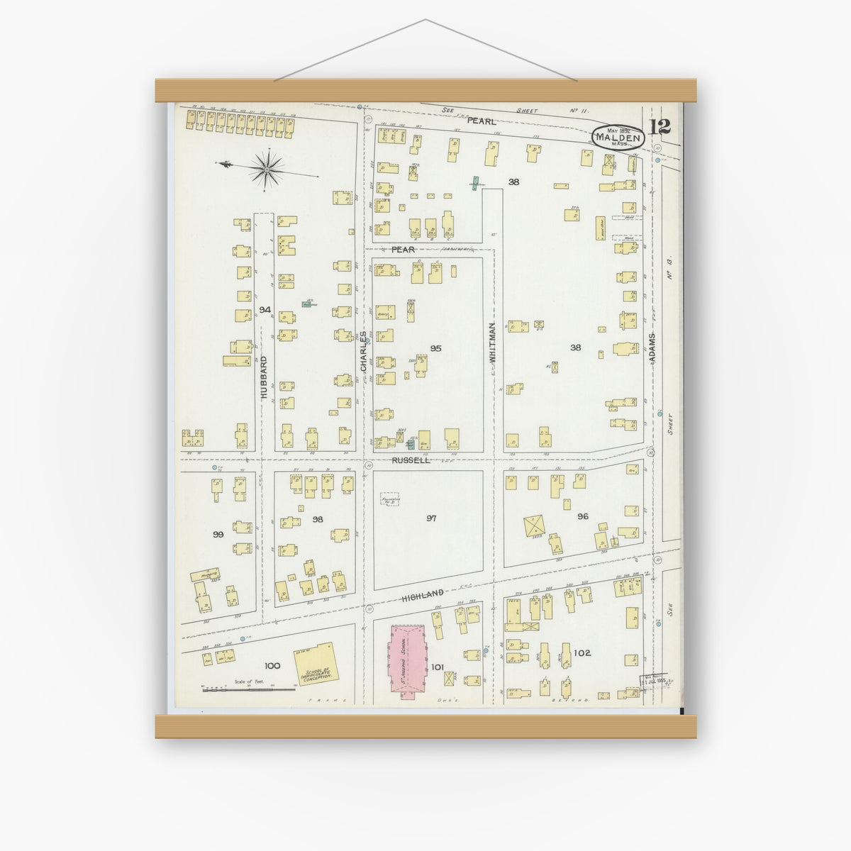 Old map wall art mockup — magnetic wood frame on white wall — Sanborn Fire Insurance Map from Malden, Middlesex County, Massachusetts (1892), Sheet #0012