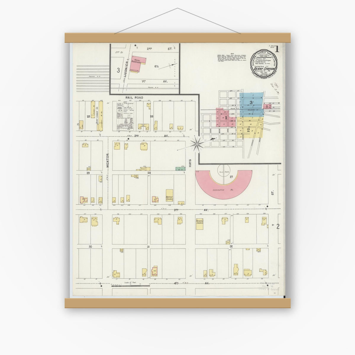 Old map wall art mockup — magnetic wood frame on white wall — Sanborn Fire Insurance Map from Derry, Westmoreland County, Pennsylvania (1897), Sheet #0001