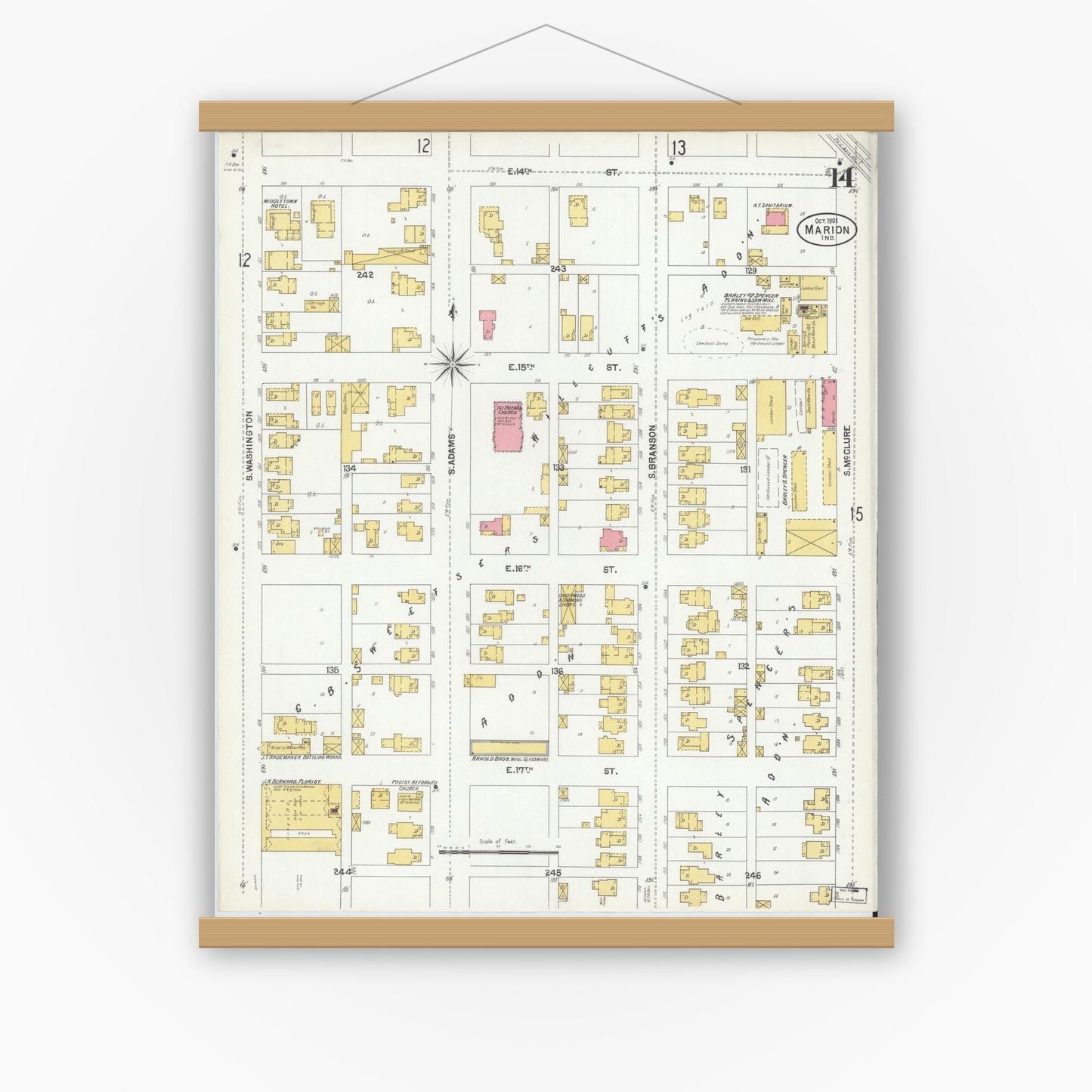 Old map wall art mockup — magnetic wood frame on white wall — Sanborn Fire Insurance Map from Marion, Grant County, Indiana (1901), Sheet #0014