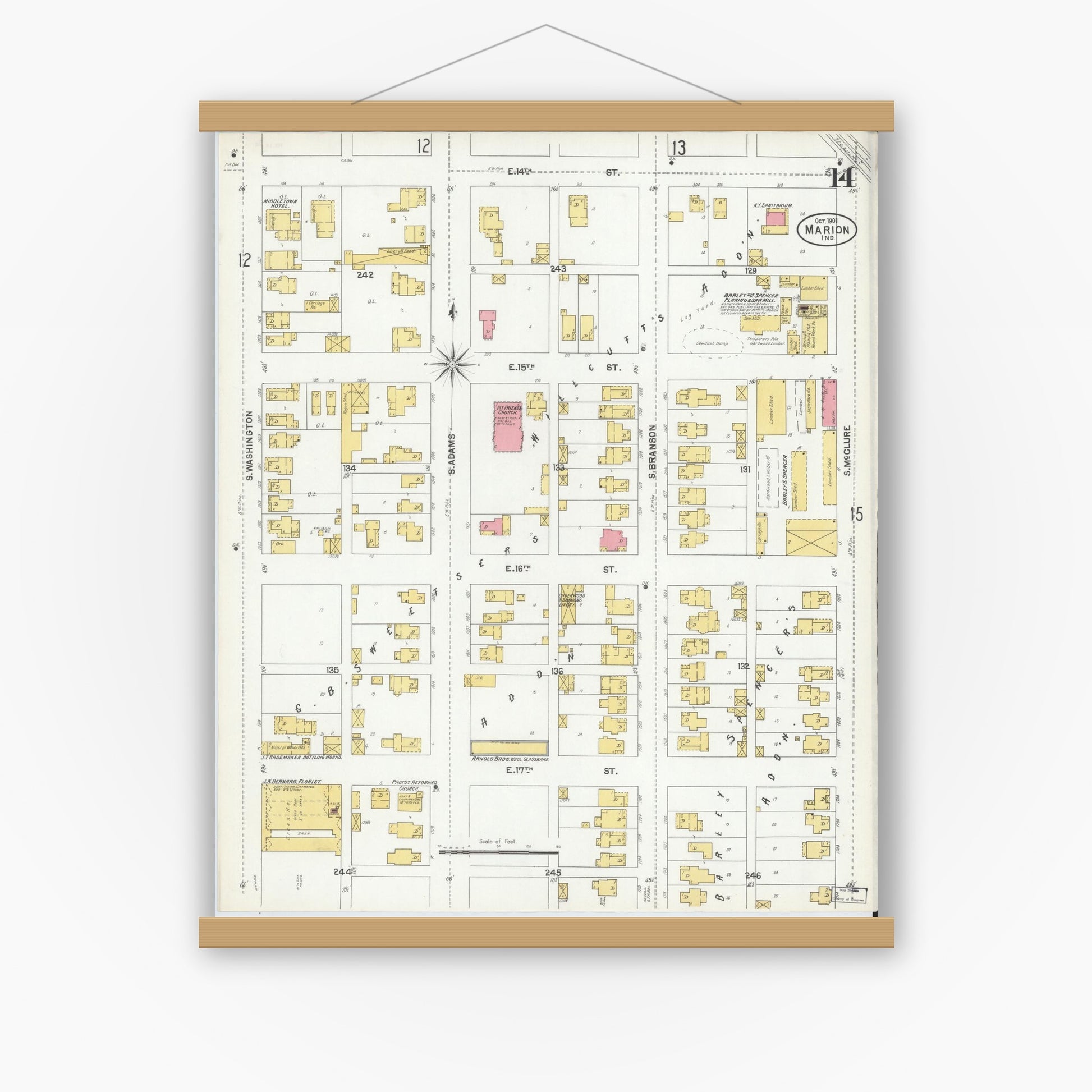 Old map wall art mockup — magnetic wood frame on white wall — Sanborn Fire Insurance Map from Marion, Grant County, Indiana (1901), Sheet #0014