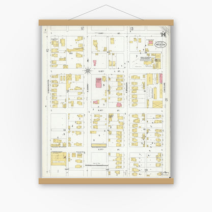 Old map wall art mockup — magnetic wood frame on white wall — Sanborn Fire Insurance Map from Marion, Grant County, Indiana (1901), Sheet #0014