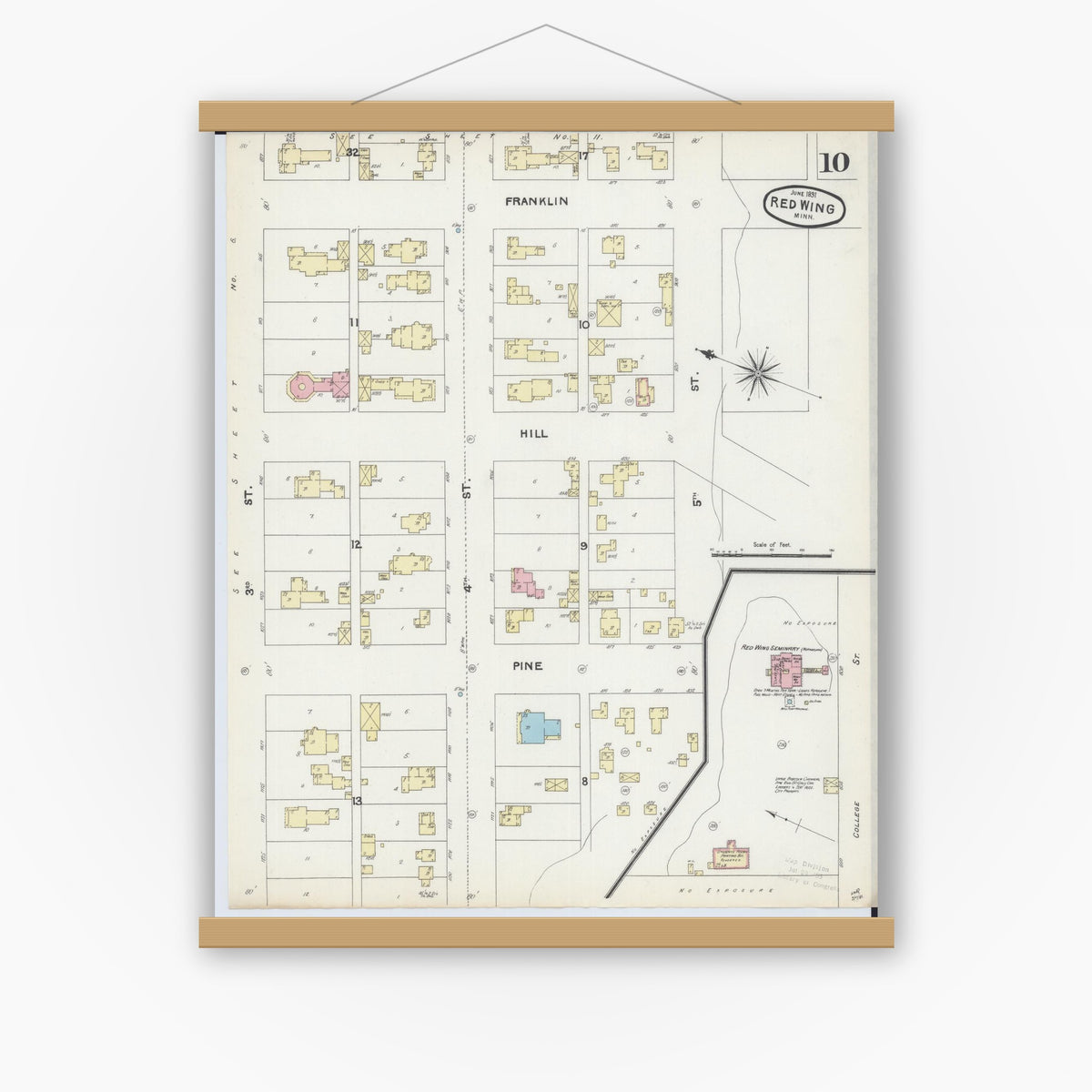 Old map wall art mockup — magnetic wood frame on white wall — Sanborn Fire Insurance Map from Red Wing, Goodhue County, Minnesota (1891), Sheet #0010