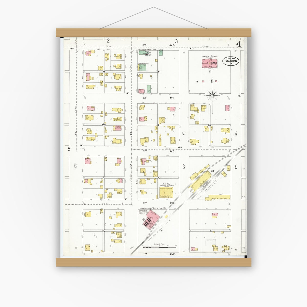 Old map wall art mockup — magnetic wood frame on white wall — Sanborn Fire Insurance Map from Marion, Linn County, Iowa (1899), Sheet #0004