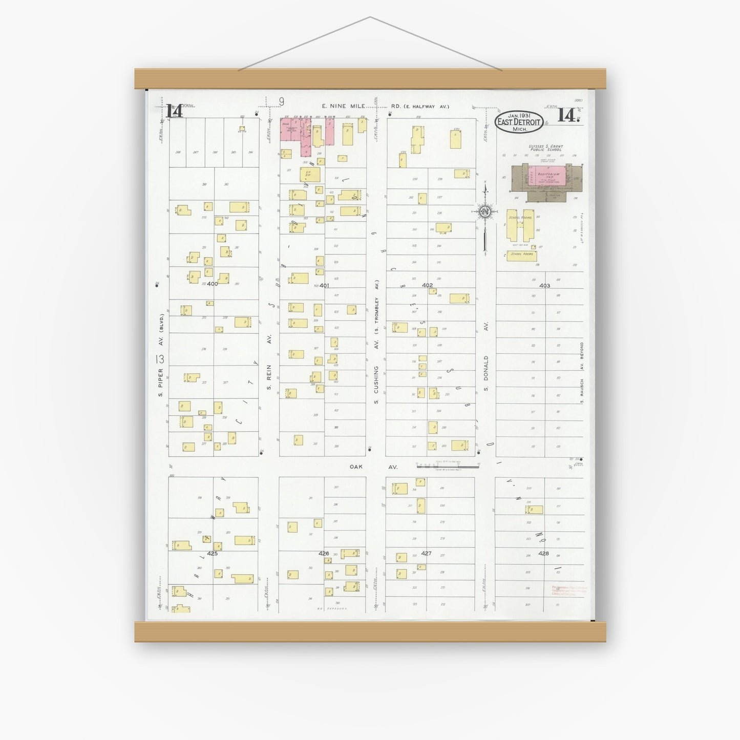 Old map wall art mockup — magnetic wood frame on white wall — Sanborn Fire Insurance Map from East Detroit, Macomb County, Michigan (1931), Sheet #0014