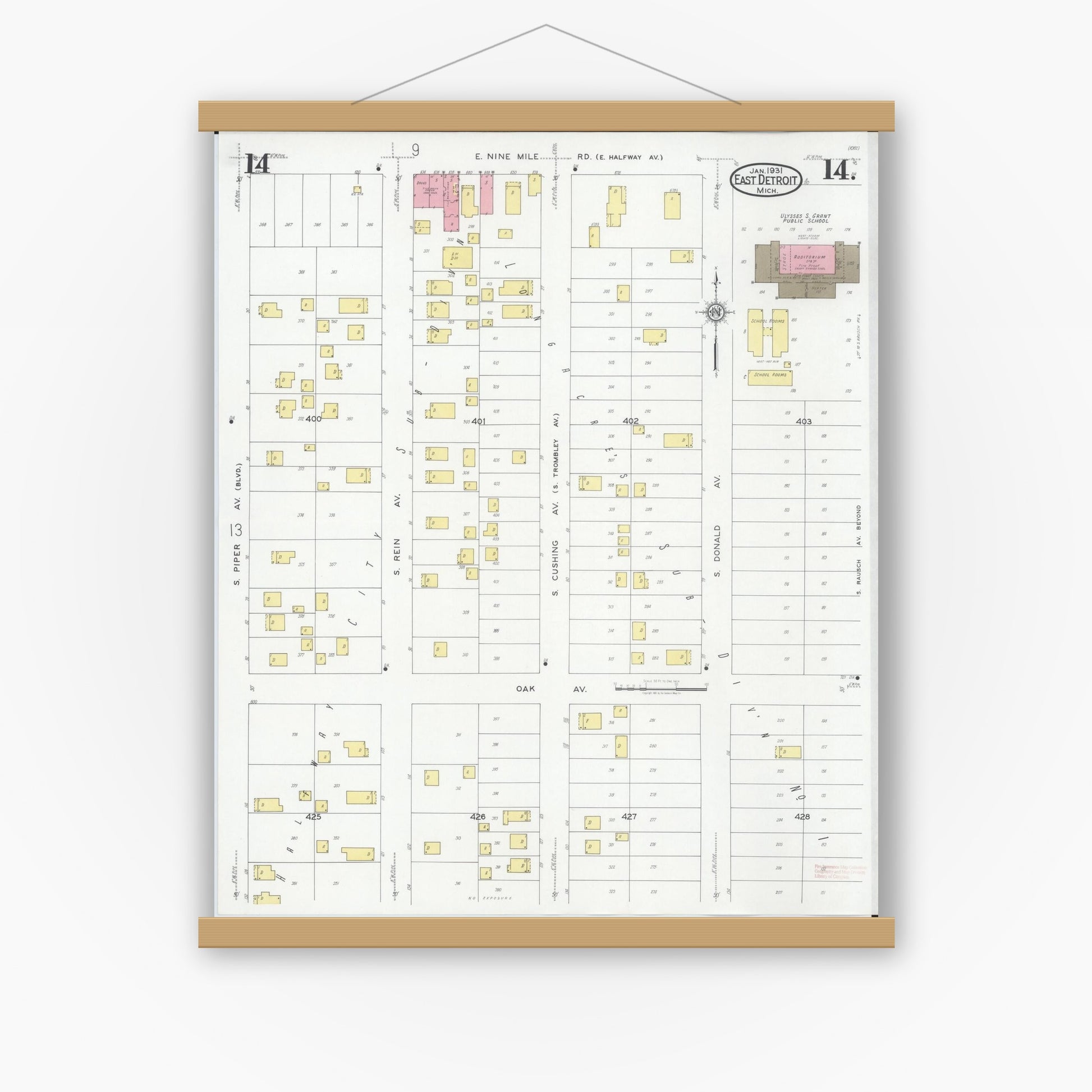 Old map wall art mockup — magnetic wood frame on white wall — Sanborn Fire Insurance Map from East Detroit, Macomb County, Michigan (1931), Sheet #0014