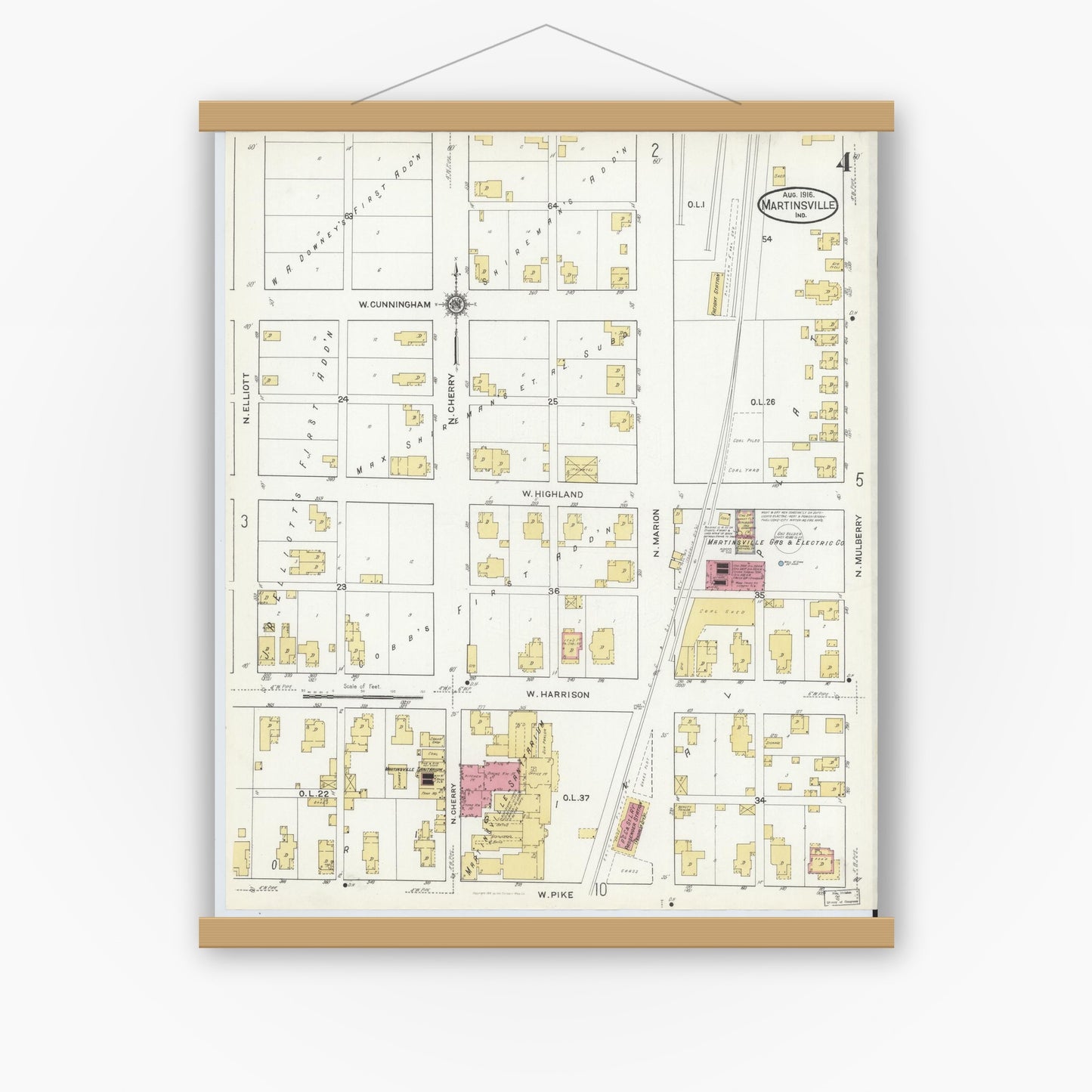 Old map wall art mockup — magnetic wood frame on white wall — Sanborn Fire Insurance Map from Martinsville, Morgan County, Indiana (1916), Sheet #0004