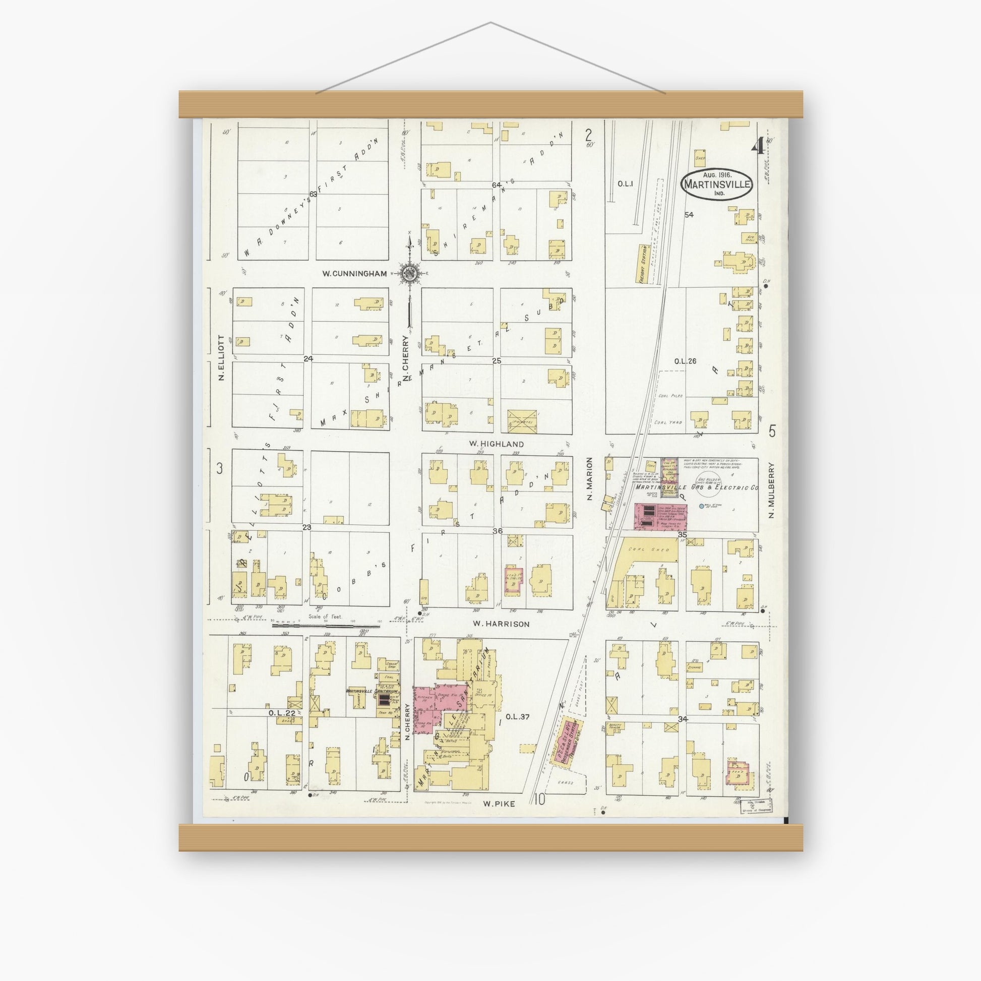 Old map wall art mockup — magnetic wood frame on white wall — Sanborn Fire Insurance Map from Martinsville, Morgan County, Indiana (1916), Sheet #0004