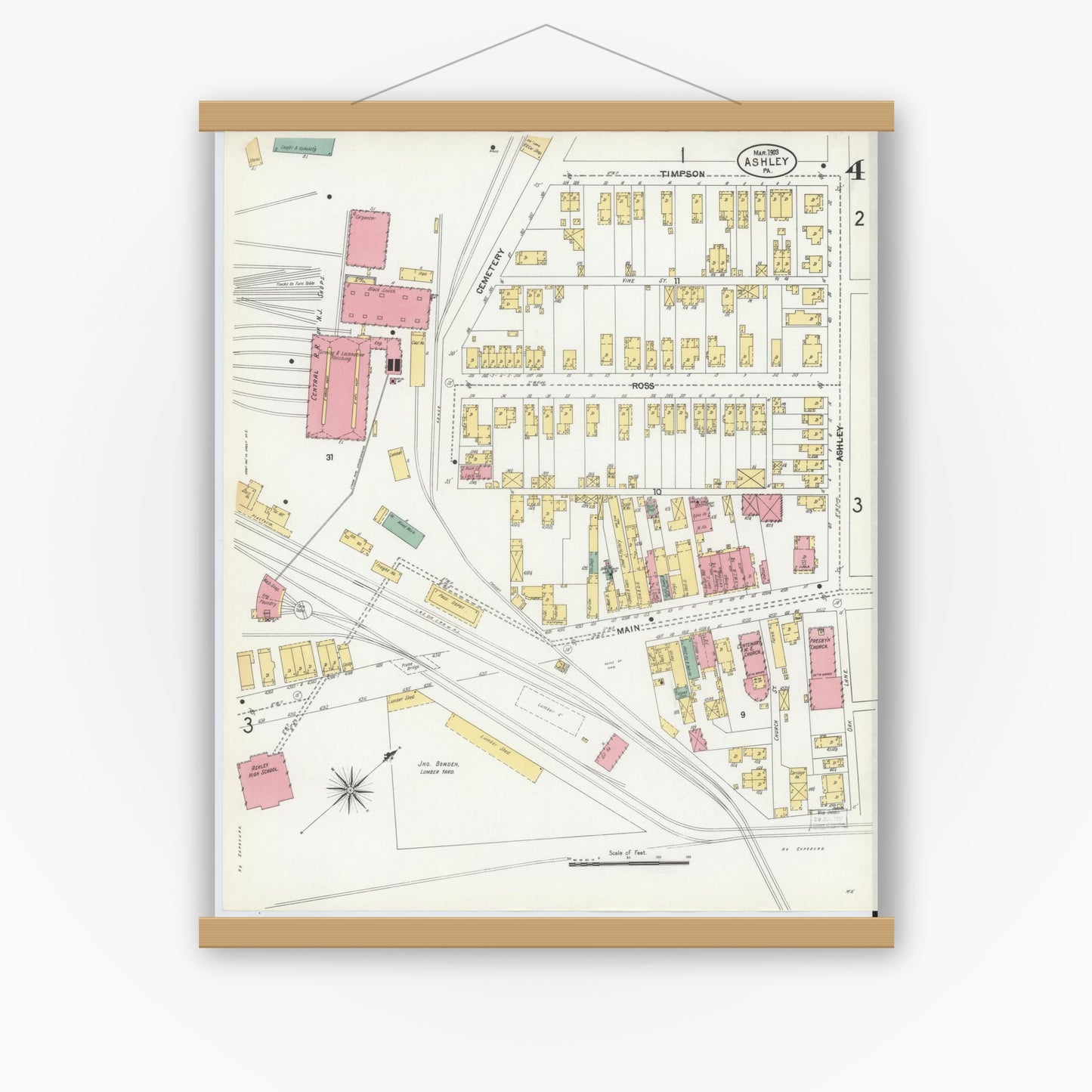 Old map wall art mockup — magnetic wood frame on white wall — Sanborn Fire Insurance Map from Ashley, Luzerne County, Pennsylvania (1903), Sheet #0004
