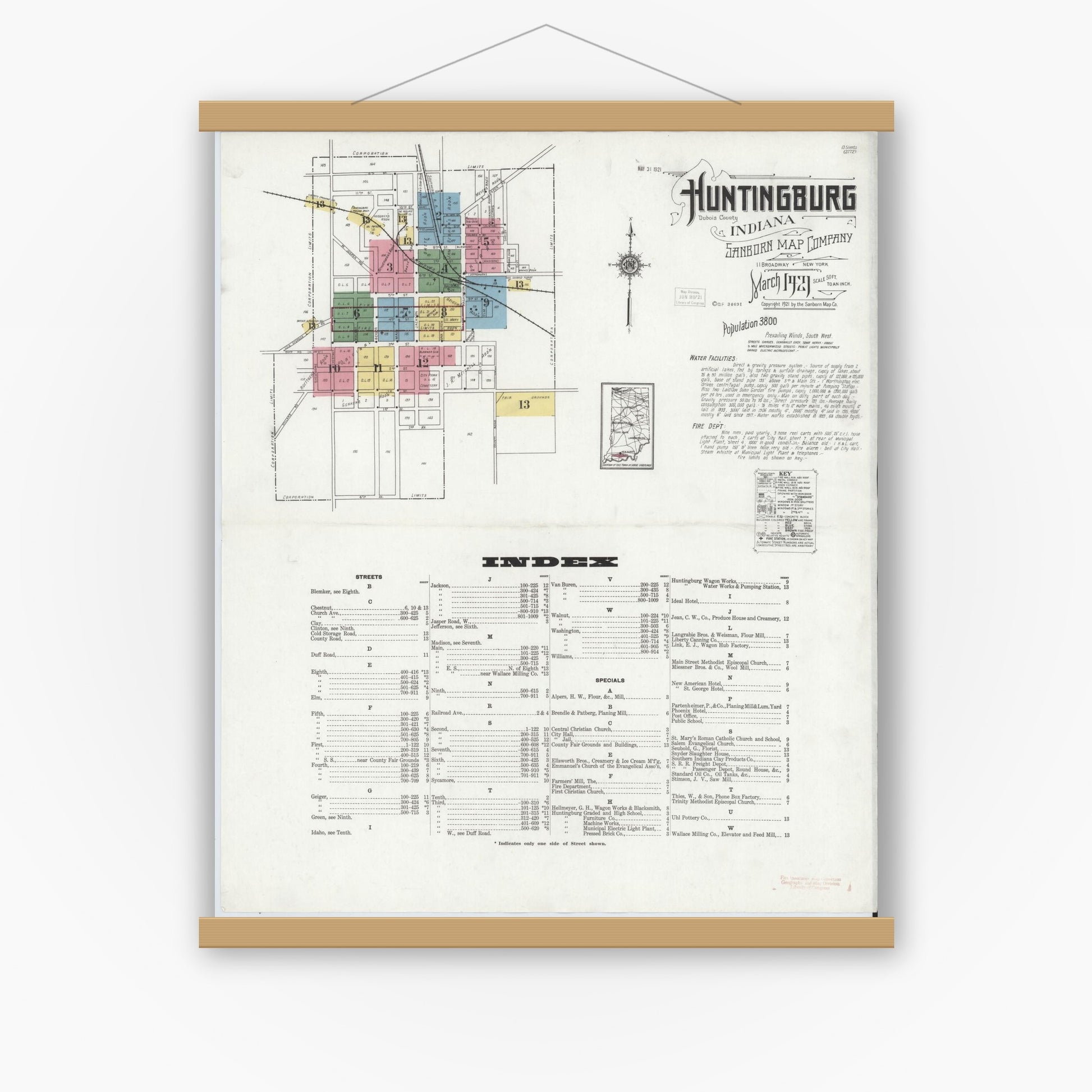 Old map wall art mockup — magnetic wood frame on white wall — Sanborn Fire Insurance Map from Huntingburg, Dubois County, Indiana (1921) - Complete Map Set