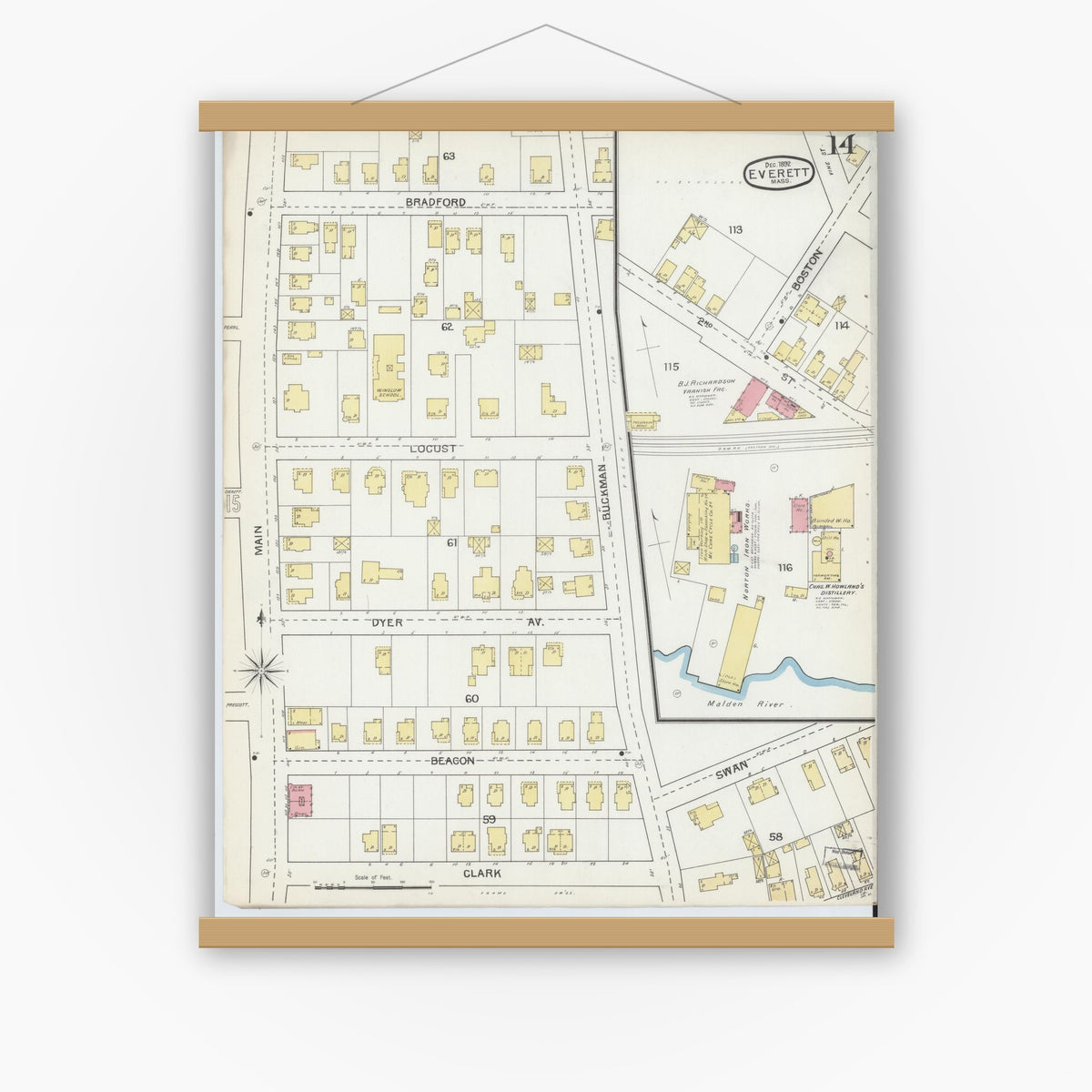 Old map wall art mockup — magnetic wood frame on white wall — Sanborn Fire Insurance Map from Everett, Middlesex County, Massachusetts (1892), Sheet #0014