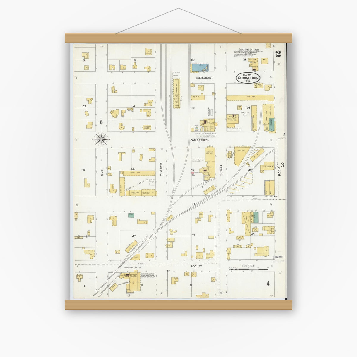 Old map wall art mockup — magnetic wood frame on white wall — Sanborn Fire Insurance Map from Georgetown, Williamson County, Texas (1905), Sheet #0002