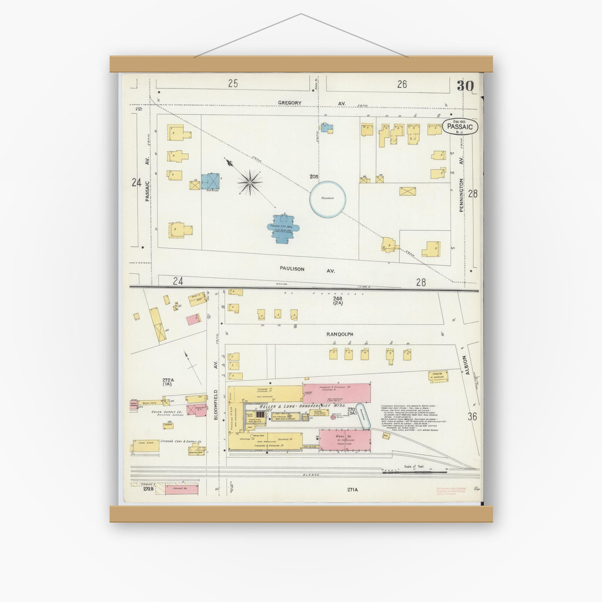 Old map wall art mockup — magnetic wood frame on white wall — Sanborn Fire Insurance Map from Passaic, Passaic County, New Jersey (1903), Sheet #0030