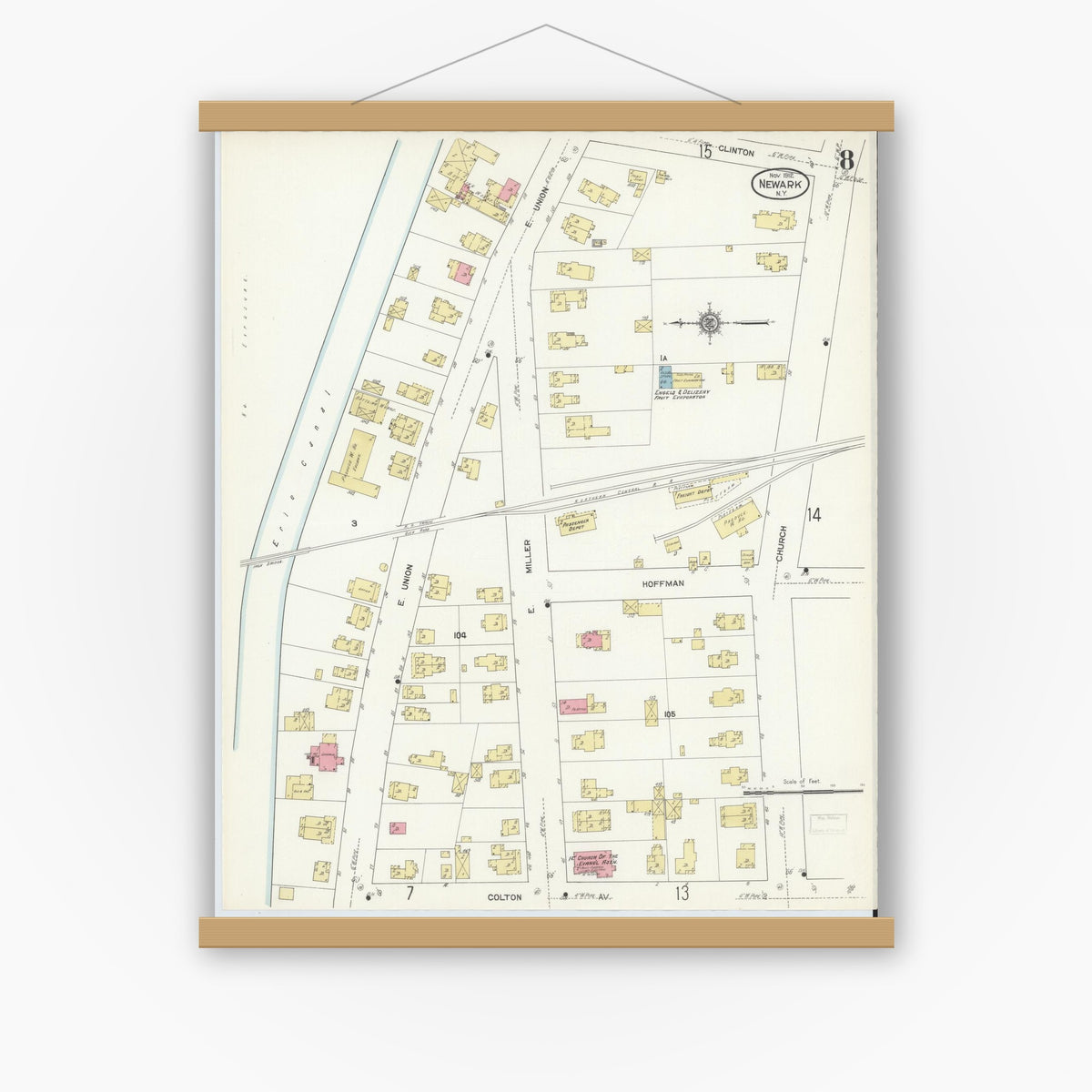 Old map wall art mockup — magnetic wood frame on white wall — Sanborn Fire Insurance Map from Newark, Wayne County, New York (1912), Sheet #0008
