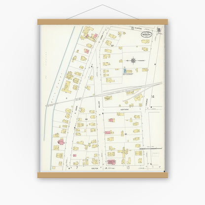 Old map wall art mockup — magnetic wood frame on white wall — Sanborn Fire Insurance Map from Newark, Wayne County, New York (1912), Sheet #0008