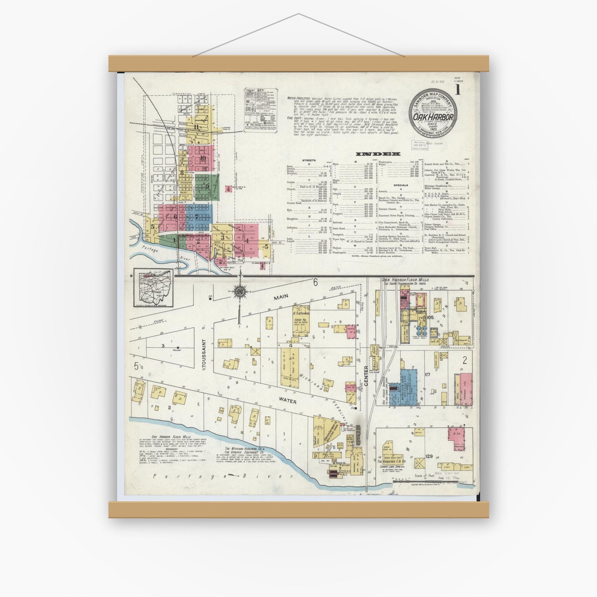 Old map wall art mockup — magnetic wood frame on white wall — Sanborn Fire Insurance Map from Oak Harbor, Ottawa County, Ohio (1920) - Complete Map Set