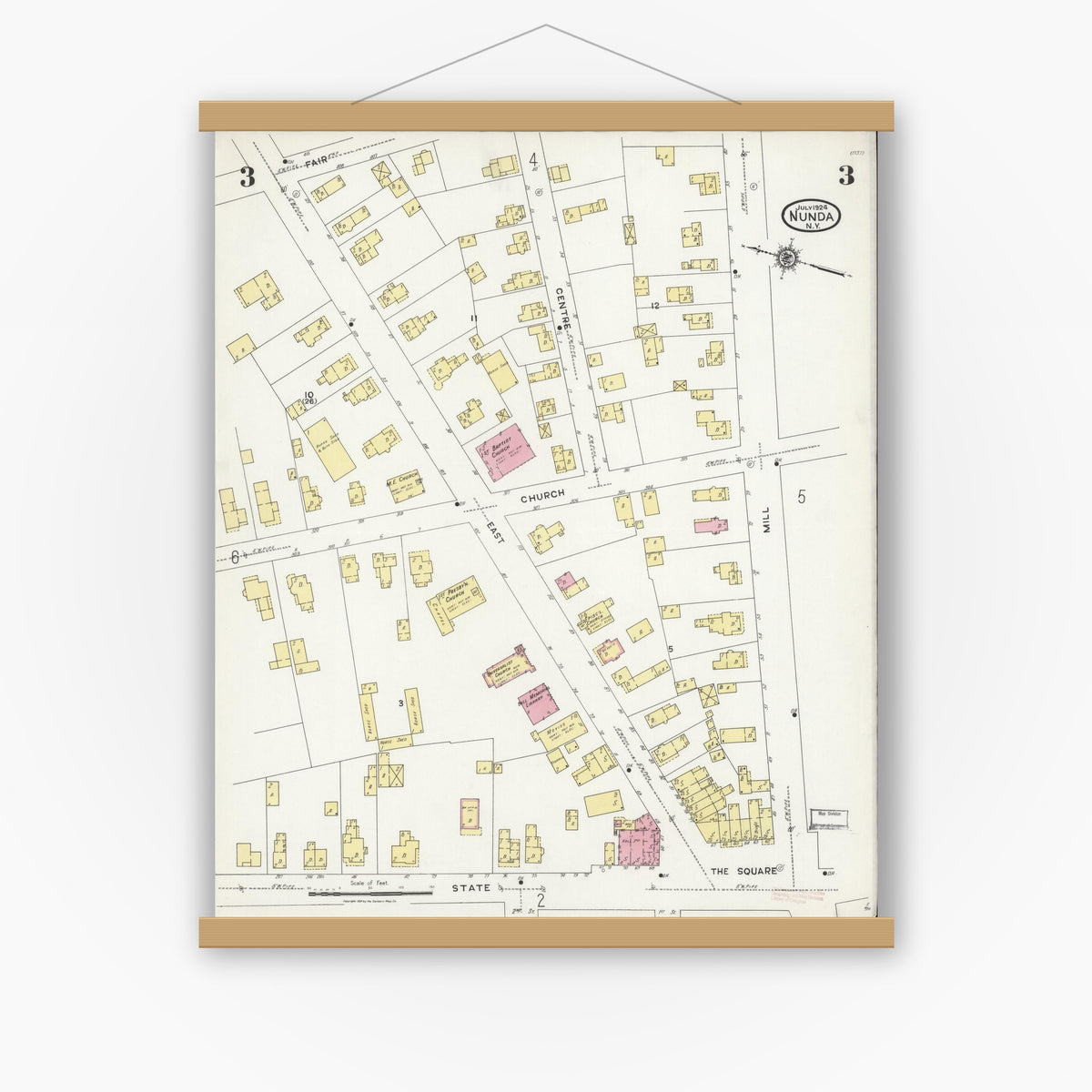 Old map wall art mockup — magnetic wood frame on white wall — Sanborn Fire Insurance Map from Nunda, Livingston County, New York (1924), Sheet #0003