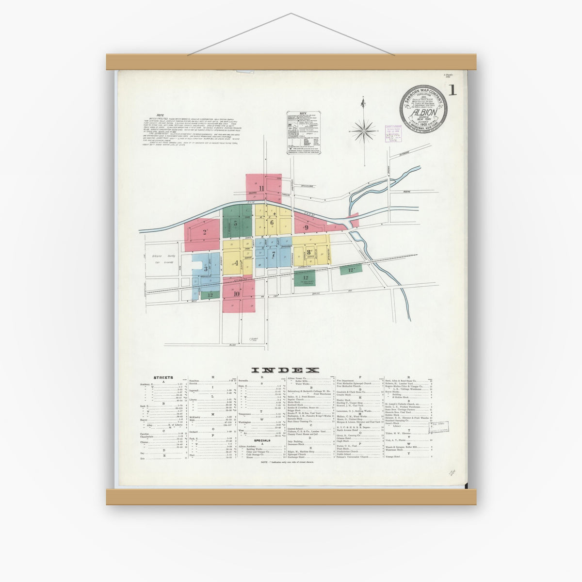 Old map wall art mockup — magnetic wood frame on white wall — Sanborn Fire Insurance Map from Albion, Orleans County, New York (1905) - Complete Map Set