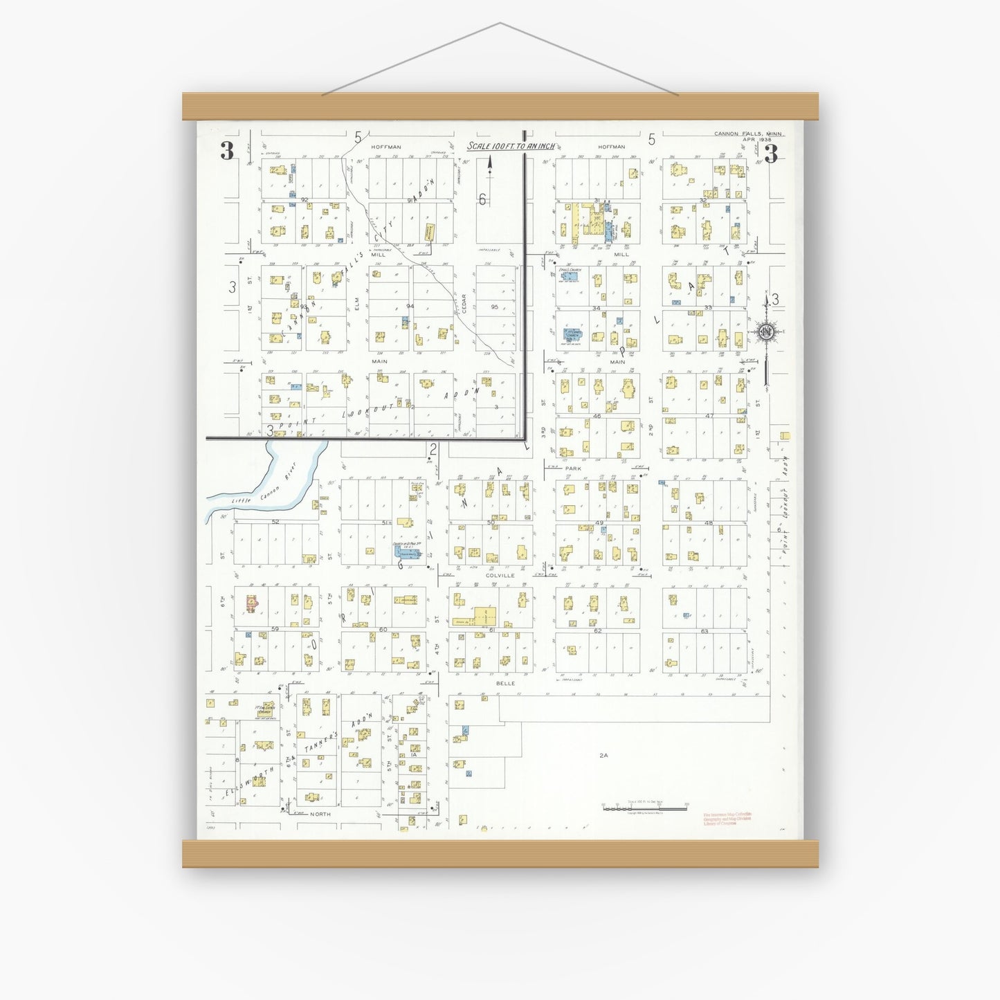 Old map wall art mockup — magnetic wood frame on white wall — Sanborn Fire Insurance Map from Cannon Falls, Goodhue County, Minnesota (1938), Sheet #0003
