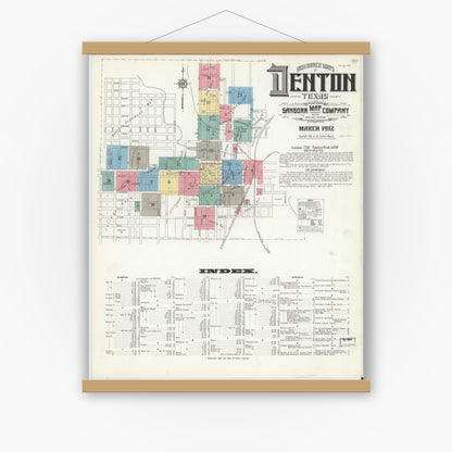 Old map wall art mockup — magnetic wood frame on white wall — Sanborn Fire Insurance Map from Denton, Denton County, Texas (1912), Sheet #0001