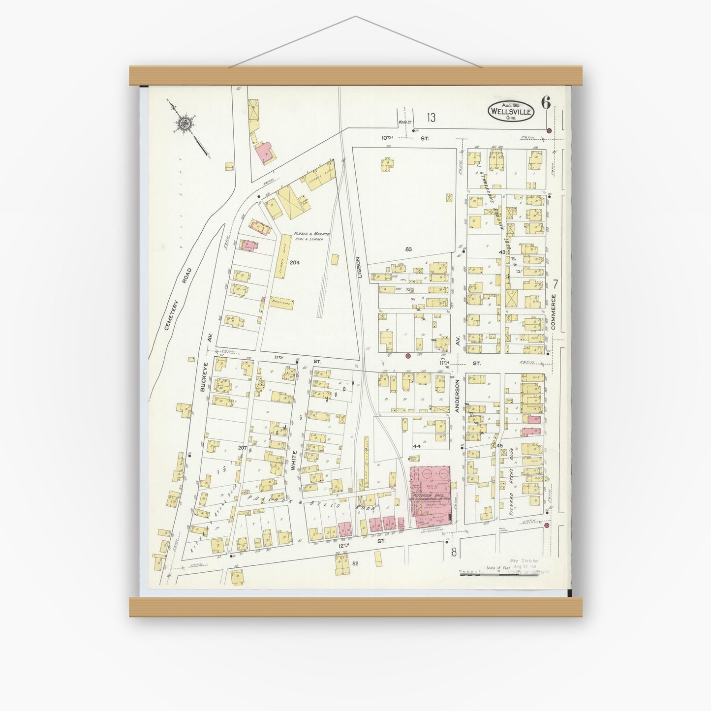Old map wall art mockup — magnetic wood frame on white wall — Sanborn Fire Insurance Map from Wellsville, Columbiana County, Ohio (1915), Sheet #0006