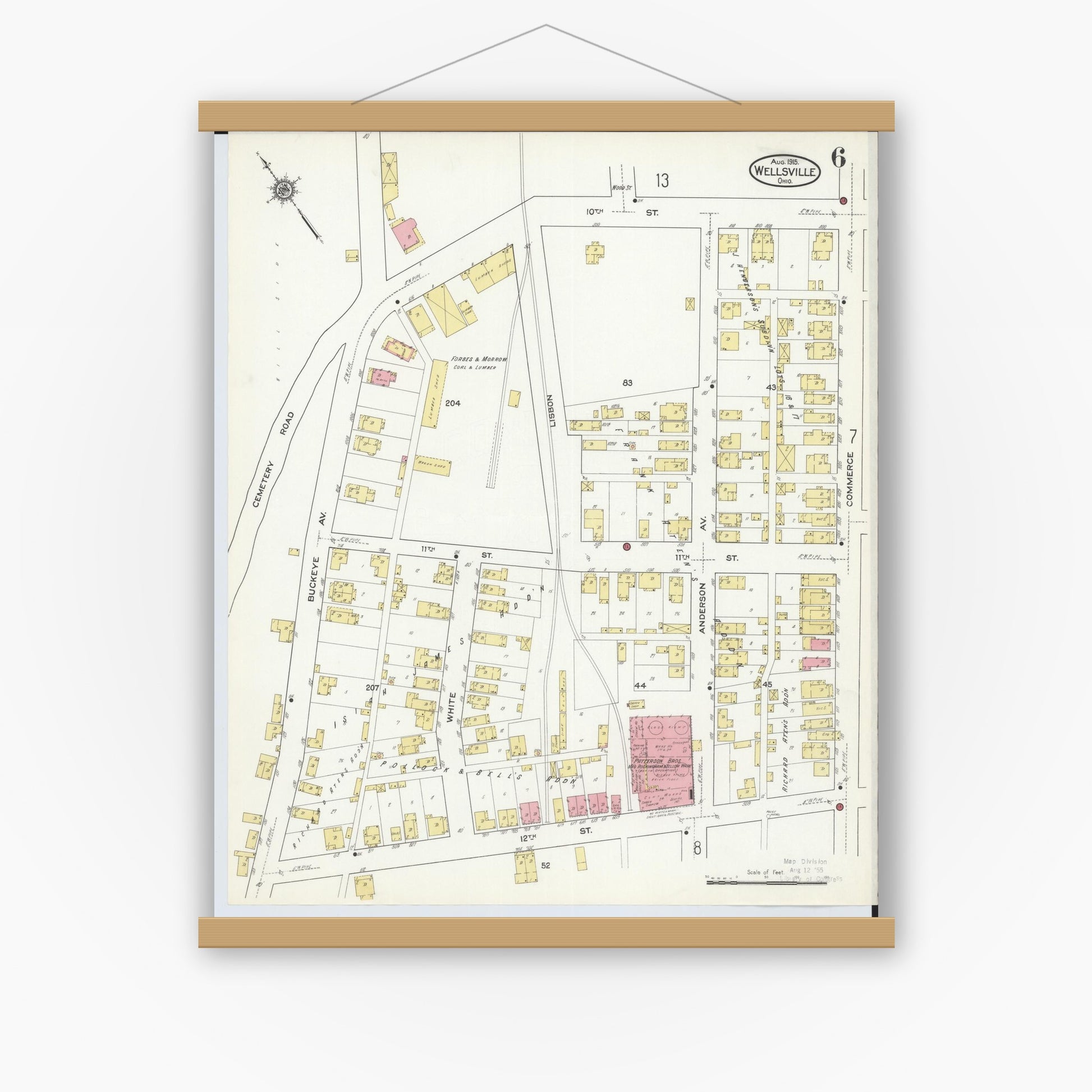 Old map wall art mockup — magnetic wood frame on white wall — Sanborn Fire Insurance Map from Wellsville, Columbiana County, Ohio (1915), Sheet #0006