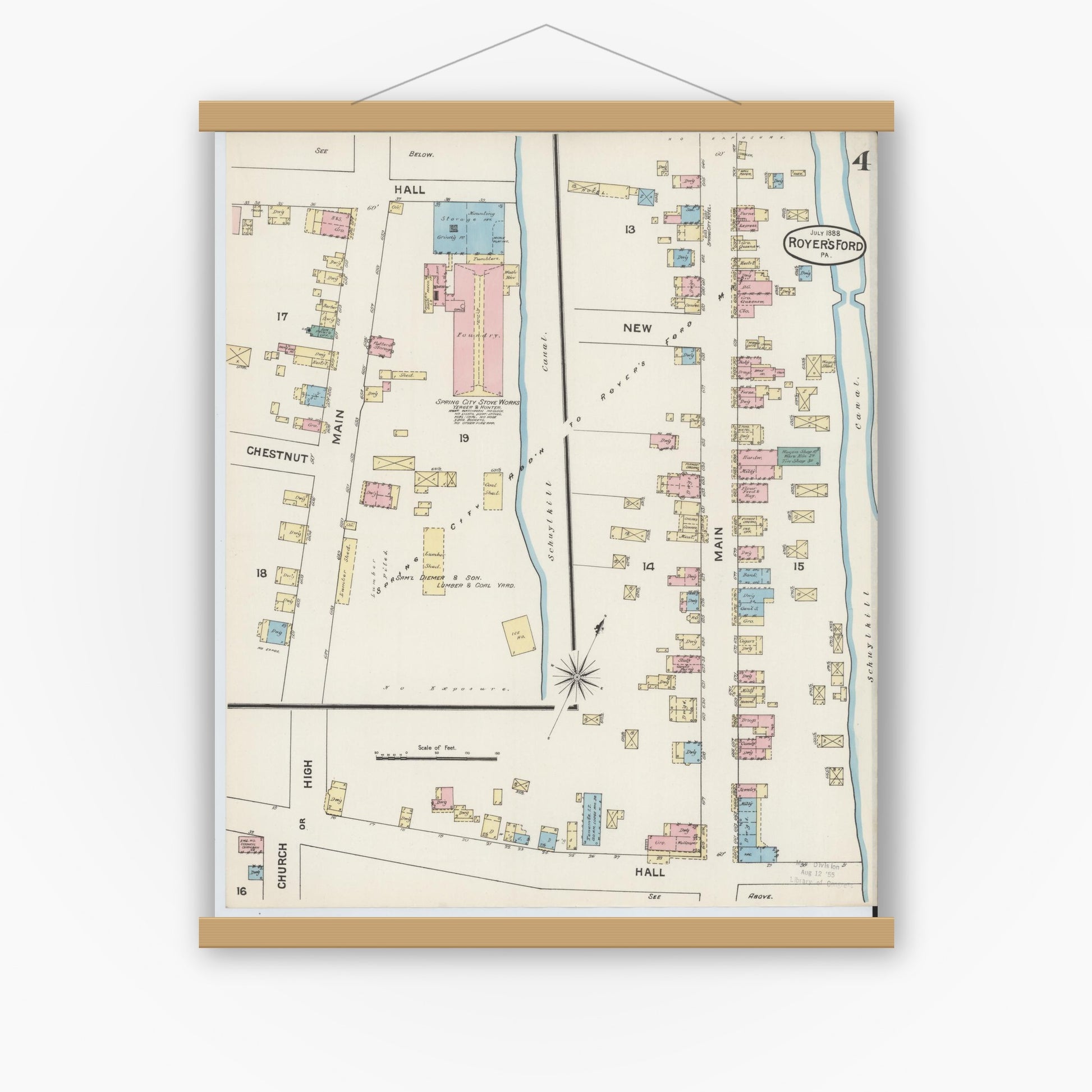 Old map wall art mockup — magnetic wood frame on white wall — Sanborn Fire Insurance Map from Royersford, Montgomery County, Pennsylvania (1888), Sheet #0004