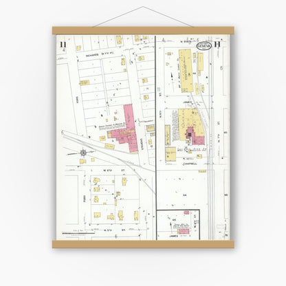 Old map wall art mockup — magnetic wood frame on white wall — Sanborn Fire Insurance Map from Geneva, Kane County, Illinois (1923), Sheet #0011