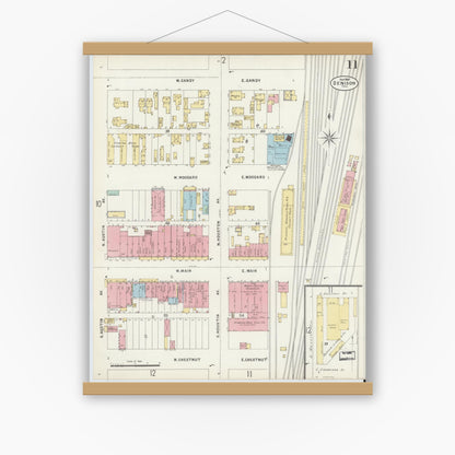 Old map wall art mockup — magnetic wood frame on white wall — Sanborn Fire Insurance Map from Denison, Grayson County, Texas (1897), Sheet #0011