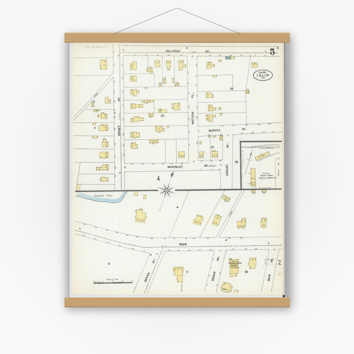Old map wall art mockup — magnetic wood frame on white wall — Sanborn Fire Insurance Map from Islip, Suffolk County, New York (1902), Sheet #0005