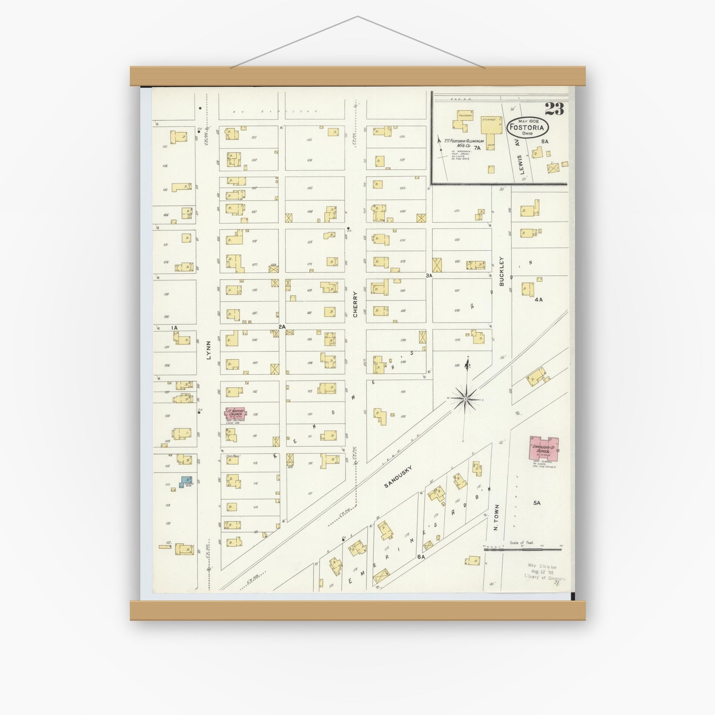 Old map wall art mockup — magnetic wood frame on white wall — Sanborn Fire Insurance Map from Fostoria, Seneca, Hancock, And Wood Counties, Ohio (1908), Sheet #0023