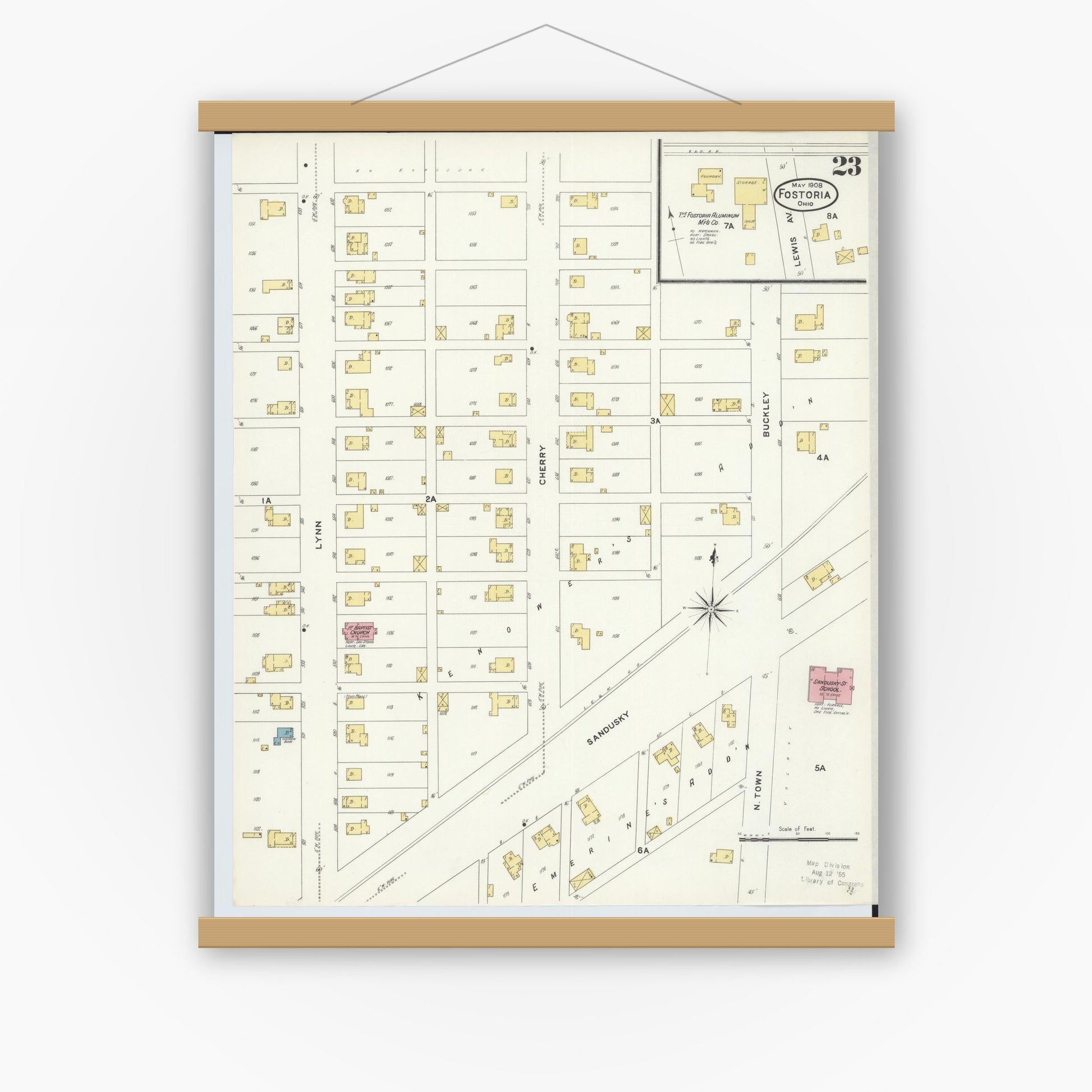 Old map wall art mockup — magnetic wood frame on white wall — Sanborn Fire Insurance Map from Fostoria, Seneca, Hancock, And Wood Counties, Ohio (1908), Sheet #0023
