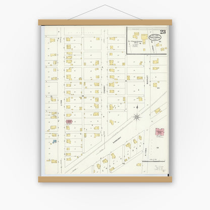 Old map wall art mockup — magnetic wood frame on white wall — Sanborn Fire Insurance Map from Fostoria, Seneca, Hancock, And Wood Counties, Ohio (1908), Sheet #0023