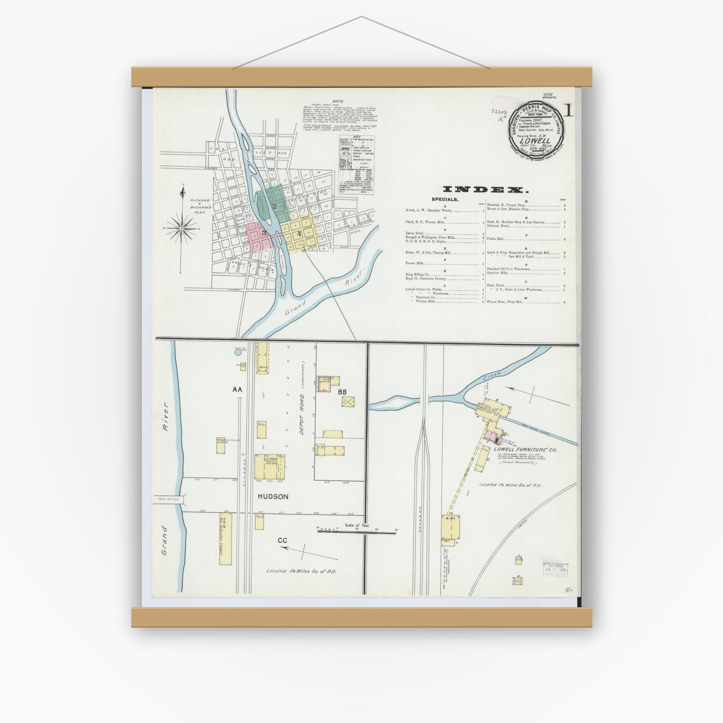 Old map wall art mockup — magnetic wood frame on white wall — Sanborn Fire Insurance Map from Lowell, Kent County, Michigan (1892) - Complete Map Set