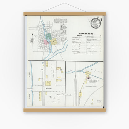 Old map wall art mockup — magnetic wood frame on white wall — Sanborn Fire Insurance Map from Lowell, Kent County, Michigan (1892) - Complete Map Set