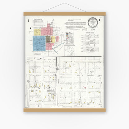 Old map wall art mockup — magnetic wood frame on white wall — Sanborn Fire Insurance Map from Roby, Fisher County, Texas (1935) - Complete Map Set