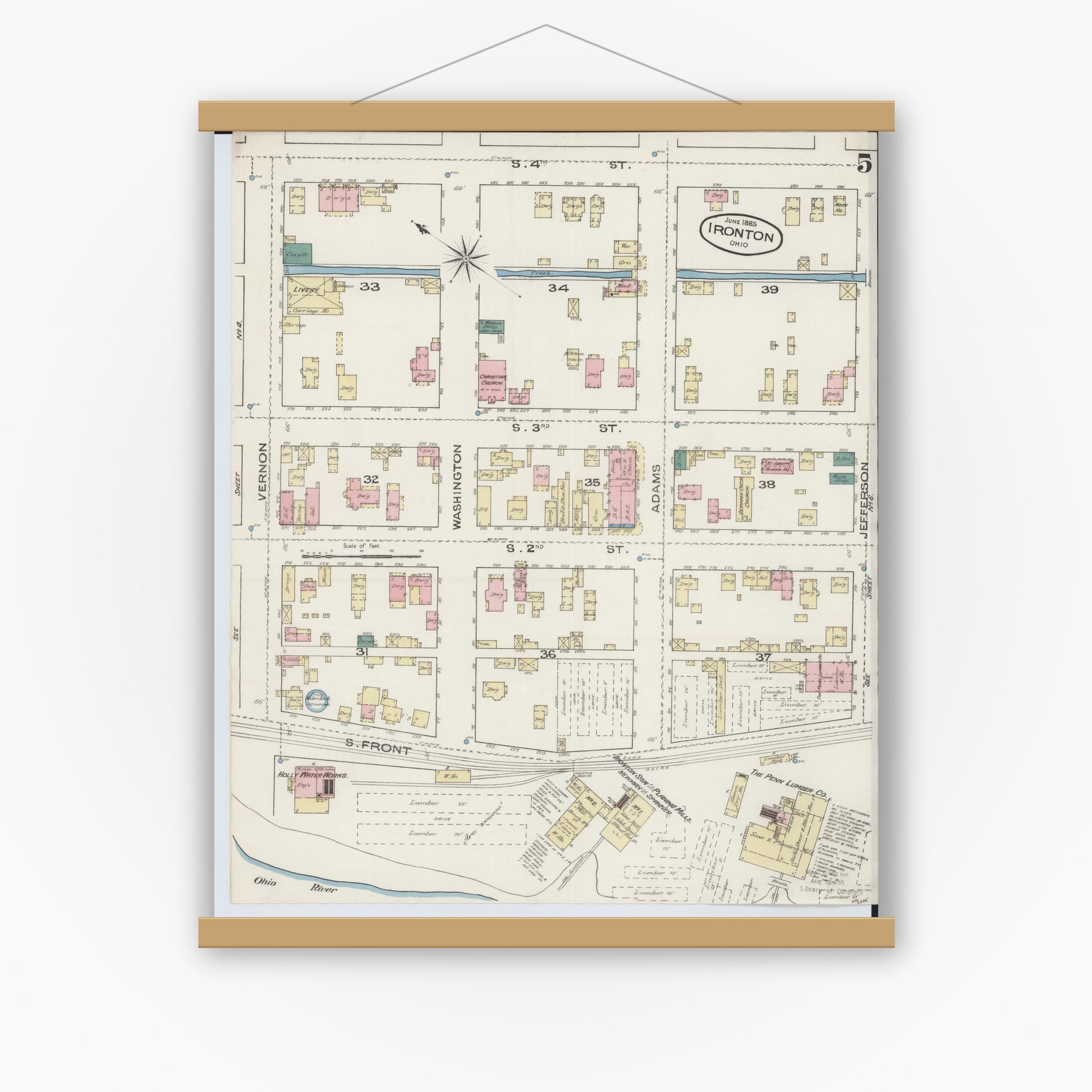 Old map wall art mockup — magnetic wood frame on white wall — Sanborn Fire Insurance Map from Ironton, Lawrence County, Ohio (1885), Sheet #0005