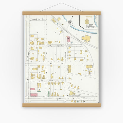 Old map wall art mockup — magnetic wood frame on white wall — Sanborn Fire Insurance Map from Franklin, Independent Cities, Virginia (1907), Sheet #0004