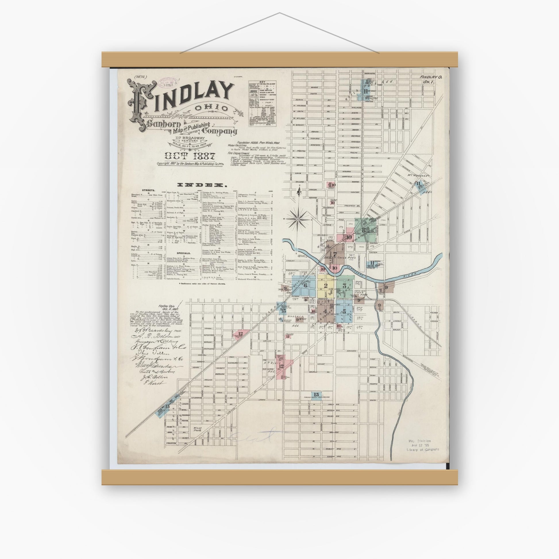 Old map wall art mockup — magnetic wood frame on white wall — Sanborn Fire Insurance Map from Findlay, Hancock County, Ohio (1887), Sheet #0001