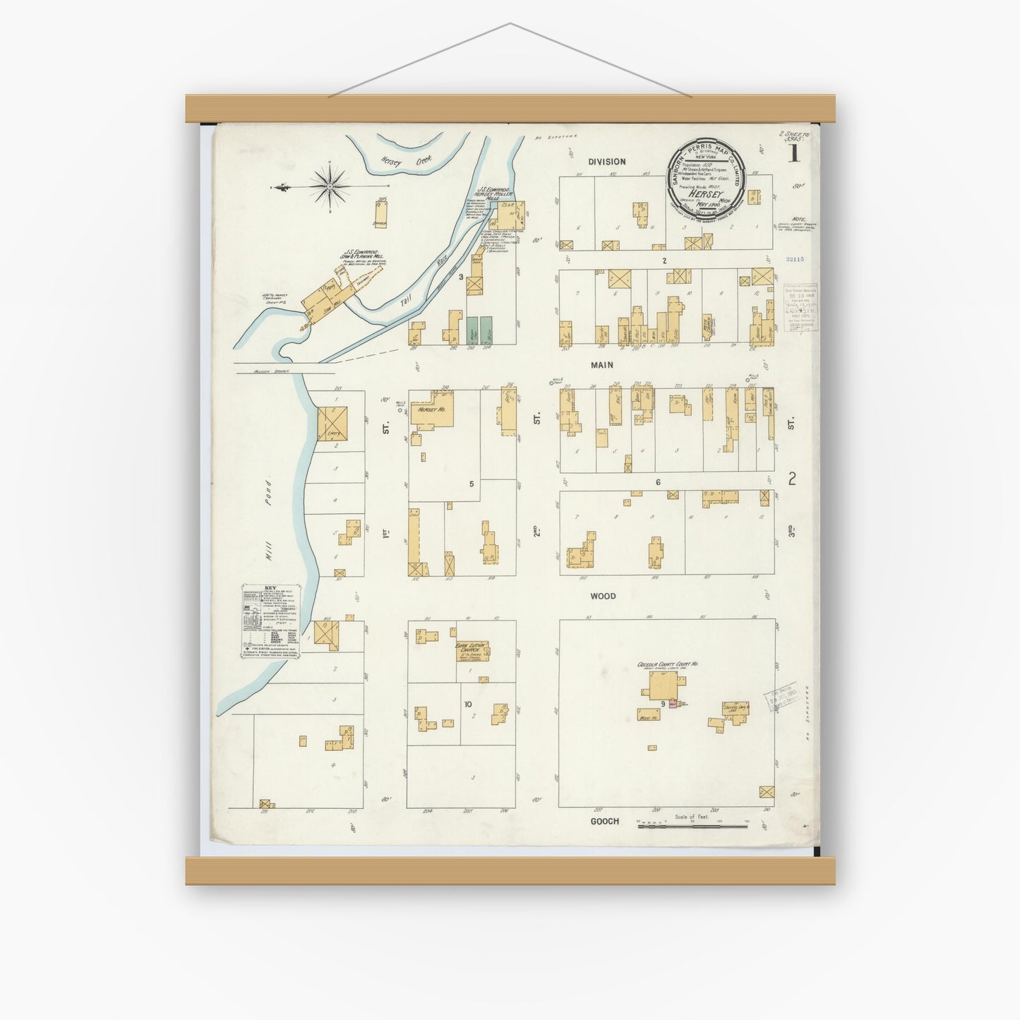 Old map wall art mockup — magnetic wood frame on white wall — Sanborn Fire Insurance Map from Hersey, Osceola County, Michigan (1900) - Complete Map Set