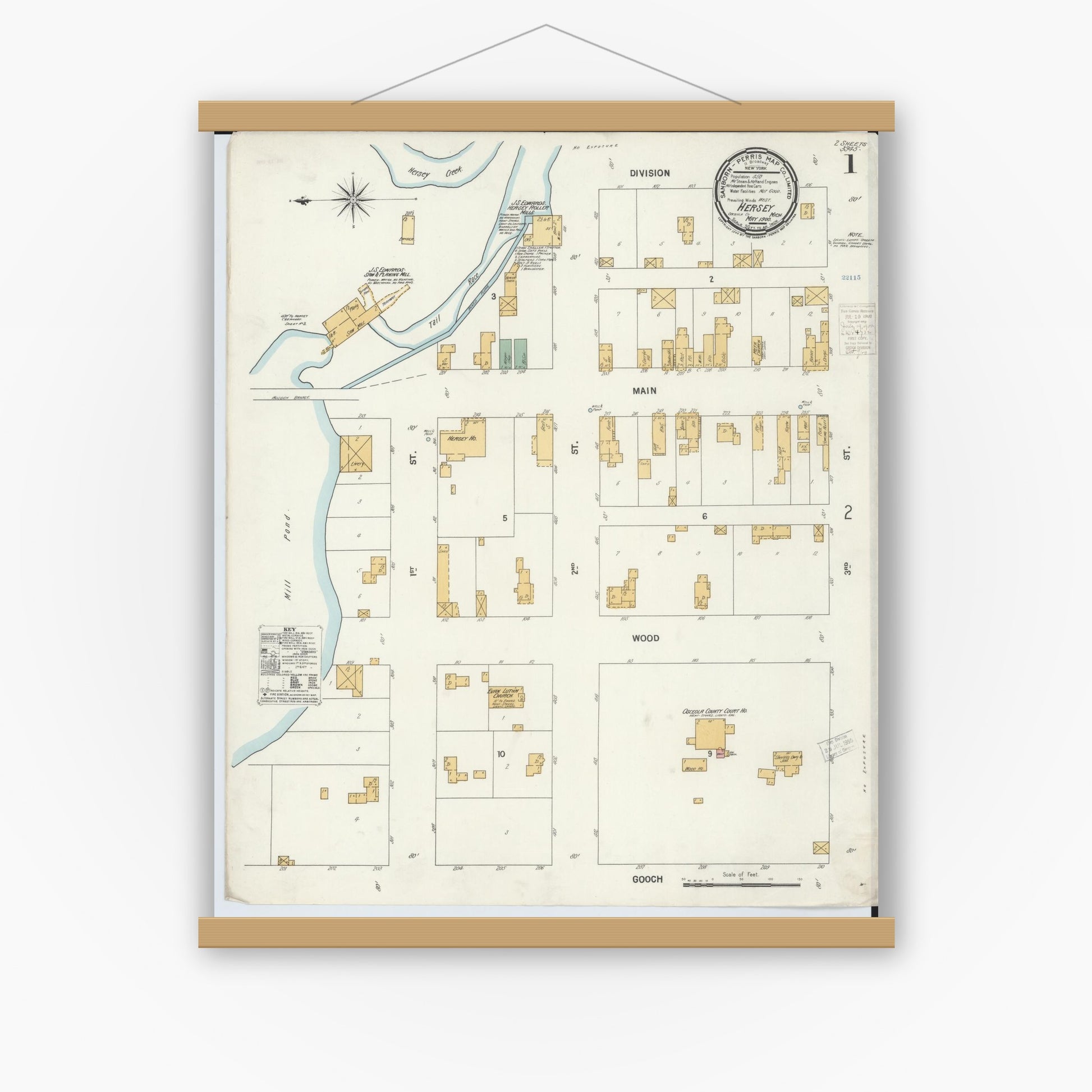 Old map wall art mockup — magnetic wood frame on white wall — Sanborn Fire Insurance Map from Hersey, Osceola County, Michigan (1900) - Complete Map Set