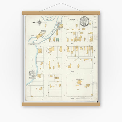 Old map wall art mockup — magnetic wood frame on white wall — Sanborn Fire Insurance Map from Hersey, Osceola County, Michigan (1900) - Complete Map Set