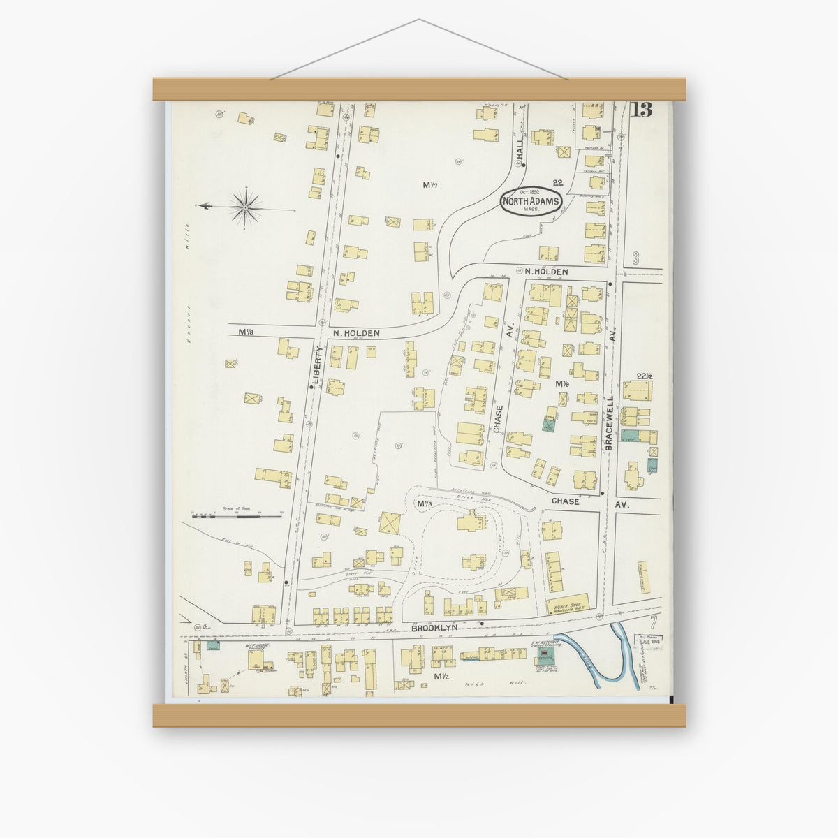 Old map wall art mockup — magnetic wood frame on white wall — Sanborn Fire Insurance Map from North Adams, Berkshire County, Massachusetts (1892), Sheet #0013