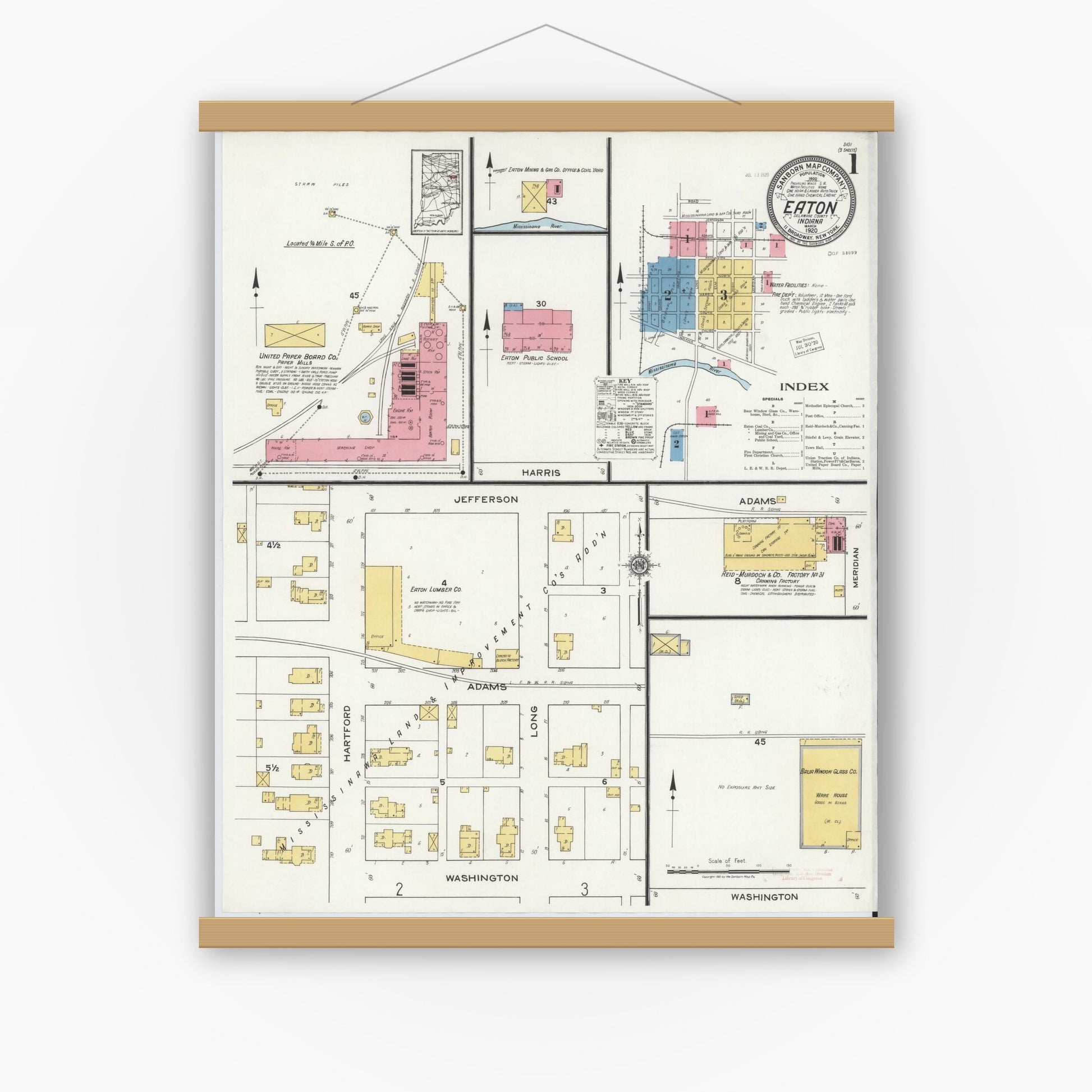 Old map wall art mockup — magnetic wood frame on white wall — Sanborn Fire Insurance Map from Eaton, Delaware County, Indiana (1920) - Complete Map Set