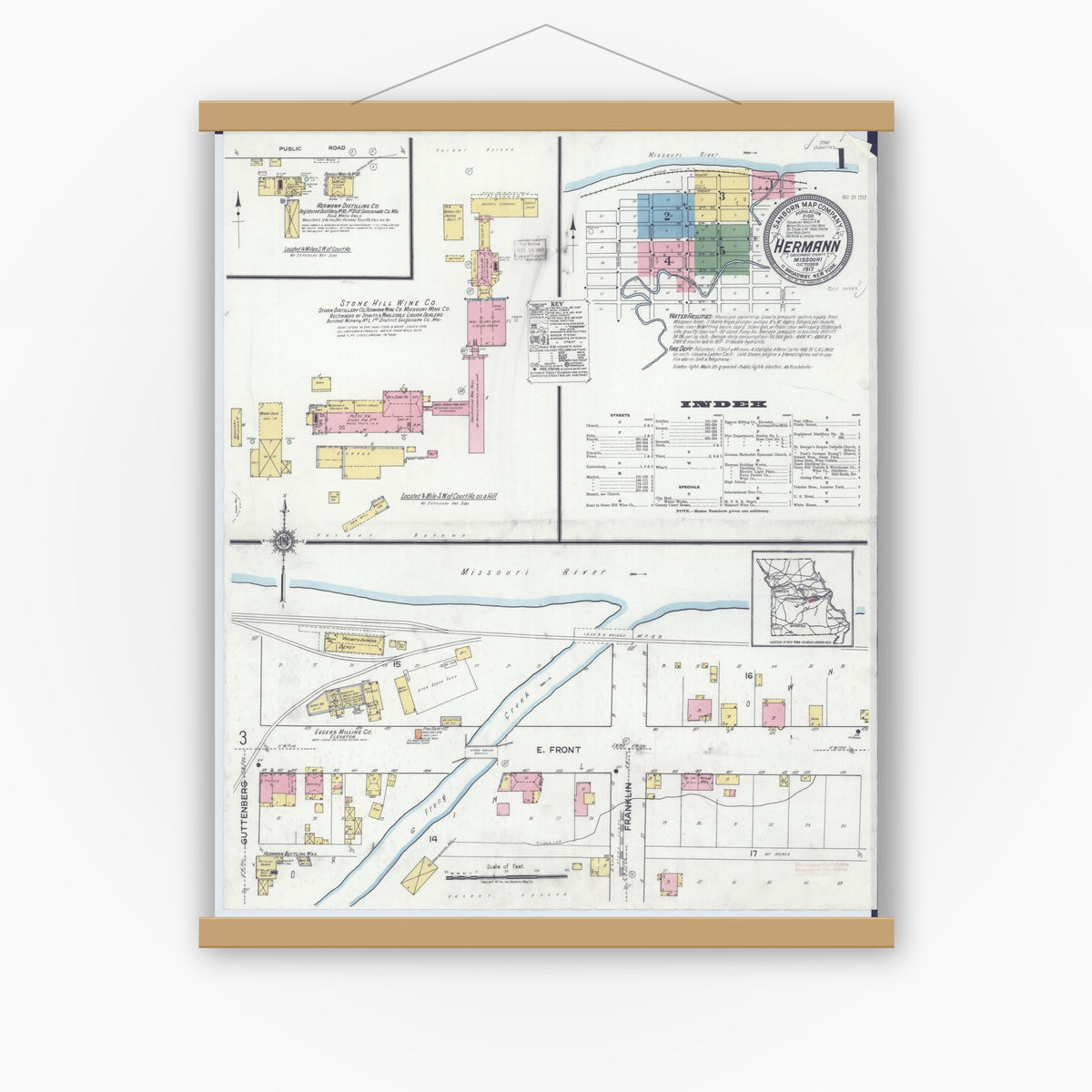 Old map wall art mockup — magnetic wood frame on white wall — Sanborn Fire Insurance Map from Hermann, Gasconade County, Missouri (1917), Sheet #0001