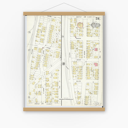 Old map wall art mockup — magnetic wood frame on white wall — Sanborn Fire Insurance Map from East Liverpool, Columbiana County, Ohio (1913), Sheet #0024