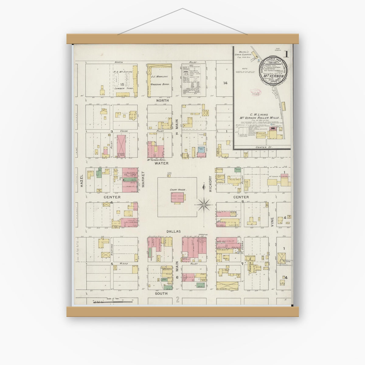 Old map wall art mockup — magnetic wood frame on white wall — Sanborn Fire Insurance Map from Mount Vernon, Lawrence County, Missouri (1894), Sheet #0001